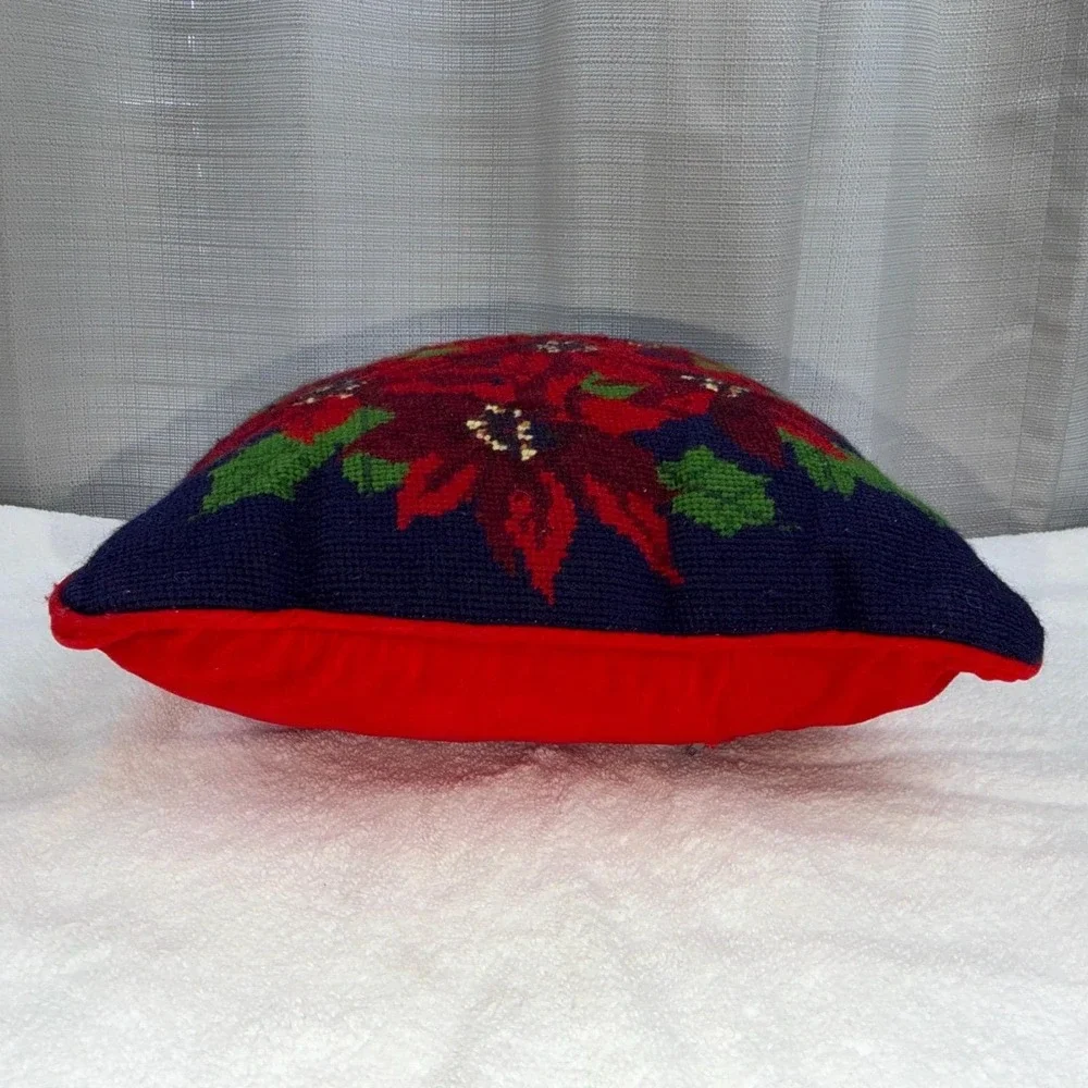 Vtg Needlepoint Throw Pillow Poinsettias Navy Red & Green Cottagecore Christmas